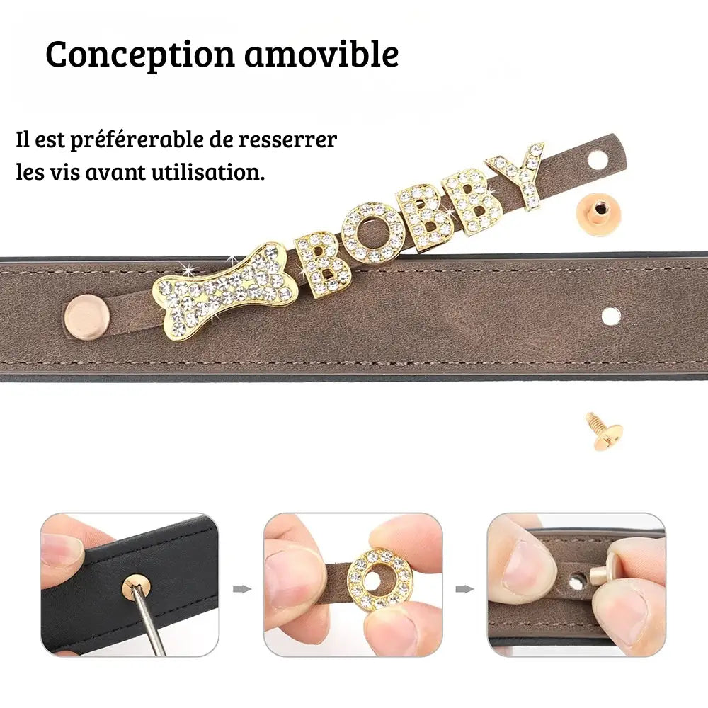 Détail du collier personnalisé pour chien avec lettres décoratives amovibles et breloque os.