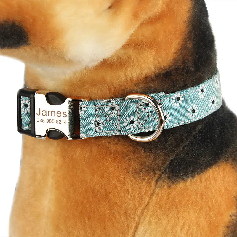 Vue portée du collier personnalisé pour chien en nylon fleuri avec plaque gravée James.