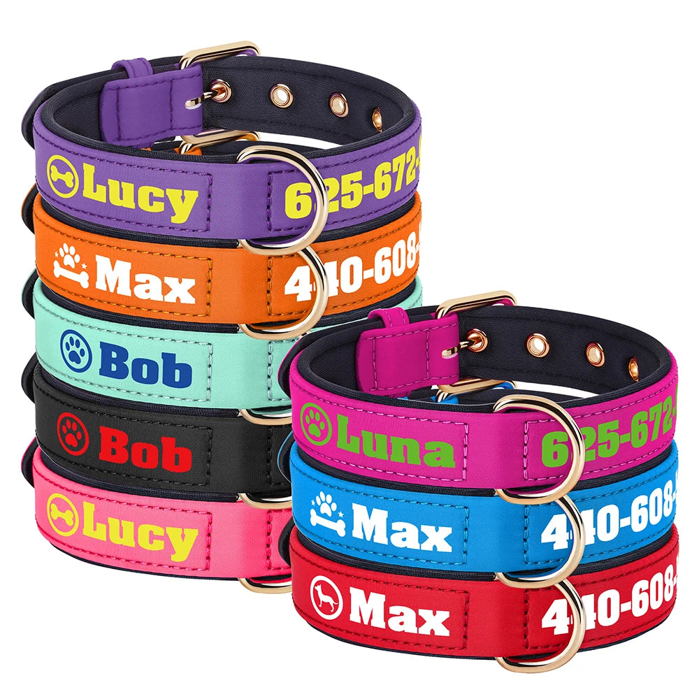 Vue d'ensemble de colliers pour chien larges rembourrés empilés en sept coloris disponibles — violet, orange, turquoise, noir, rose clair, fuchsia, bleu et rouge — chacun avec prénom, numéro et motif imprimés, boucle et anneau en D dorés.