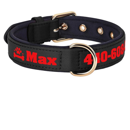 Collier pour chien large en tissu noir personnalisé avec prénom et numéro de téléphone imprimés en rouge, motif combiné patte et os avec étoiles visible, doublure rembourrée noire, boucle et anneau en D dorés.