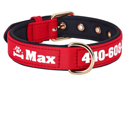 Collier pour chien large en tissu rouge personnalisé avec prénom et numéro de téléphone imprimés en blanc, motif combiné patte et os avec étoiles visible, doublure rembourrée noire, boucle et anneau en D dorés.