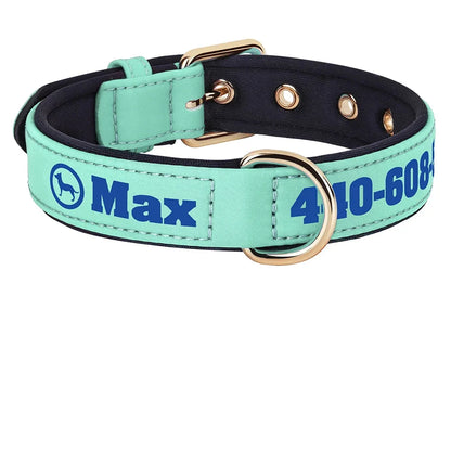 Collier pour chien large en tissu turquoise personnalisé avec prénom et numéro de téléphone imprimés en bleu marine, motif silhouette de chien dans un cercle visible, doublure rembourrée noire, boucle et anneau en D dorés.