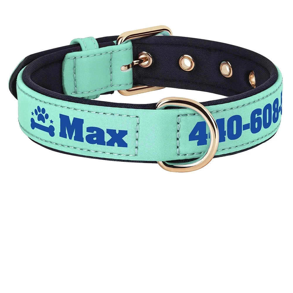 Collier pour chien large en tissu turquoise personnalisé avec prénom et numéro de téléphone imprimés en bleu marine, motif combiné patte et os avec étoiles visible, doublure rembourrée noire, boucle et anneau en D dorés.