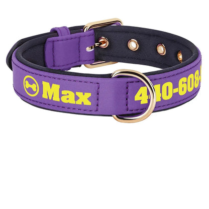Collier pour chien large en tissu violet personnalisé avec prénom et numéro de téléphone imprimés en jaune, motif os dans un cercle visible, doublure rembourrée noire, boucle et anneau en D dorés.