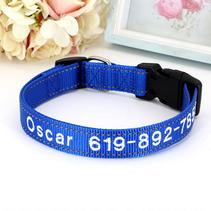 Collier pour chien en nylon bleu roi avec prénom et numéro de téléphone brodés en blanc, boucle à clip plastique noire et anneau en D argenté, posé sur fond blanc.