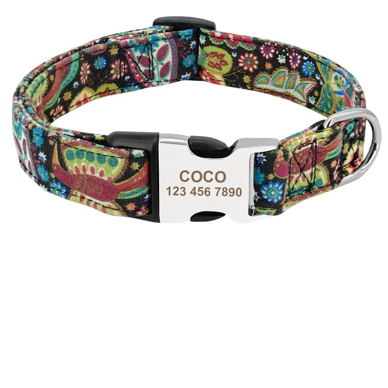 Collier personnalisé pour chien en nylon imprimé floral multicolore avec boucle métal gravée Coco.