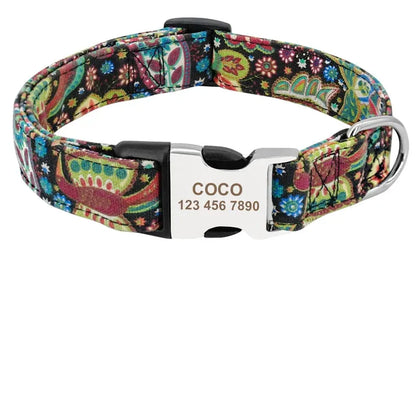 Collier personnalisé pour chien en nylon imprimé floral multicolore avec boucle métal gravée Coco.