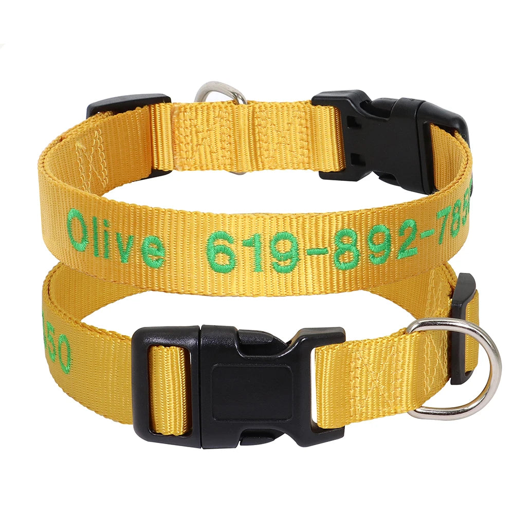 Deux colliers pour chien en nylon jaune doré personnalisés avec prénom et numéro de téléphone brodés en vert, boucle plastique noire et anneau en D argenté, sur fond blanc.