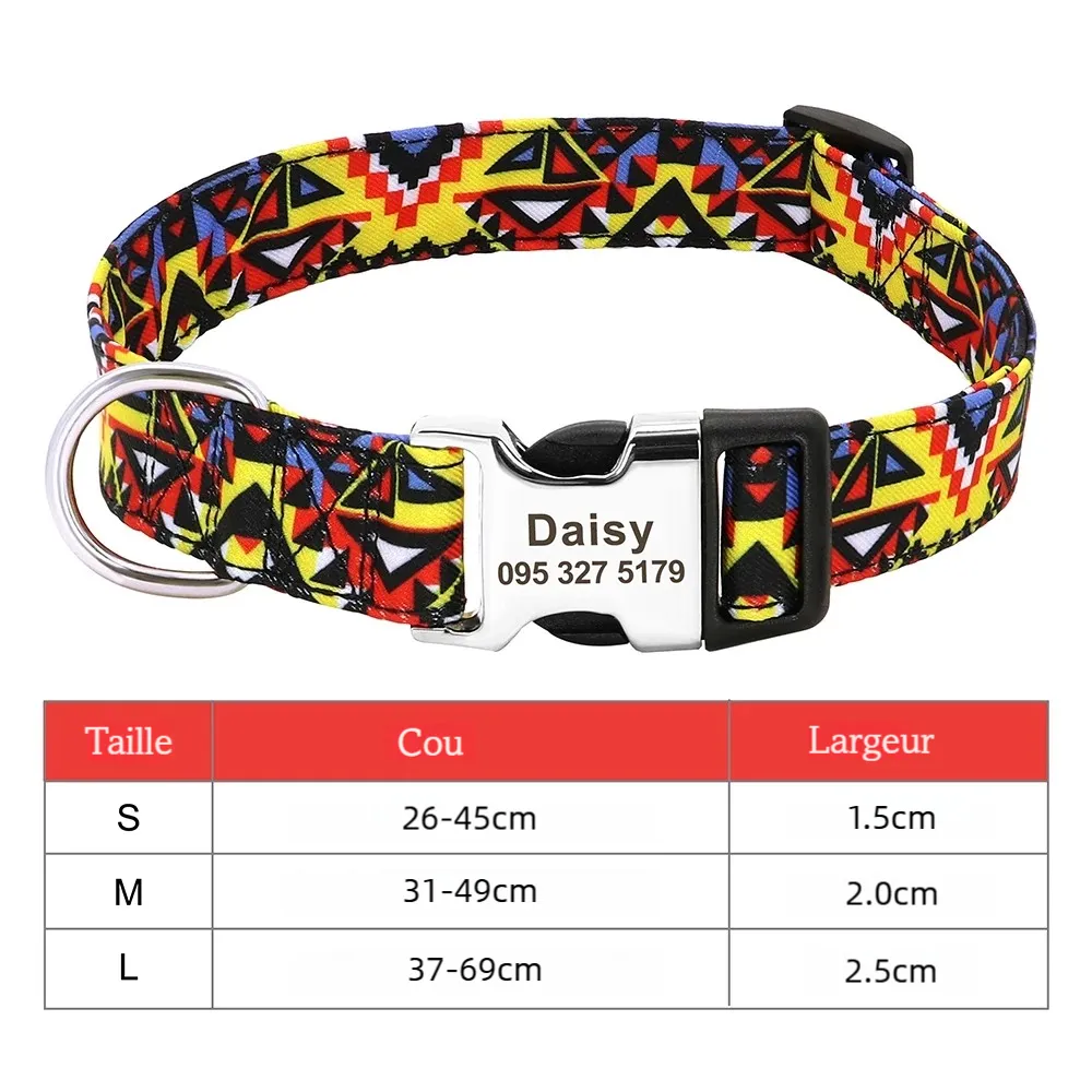 Vue produit du collier pour chien à motif géométrique jaune avec guide de taille.