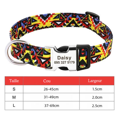Vue produit du collier pour chien à motif géométrique jaune avec guide de taille.
