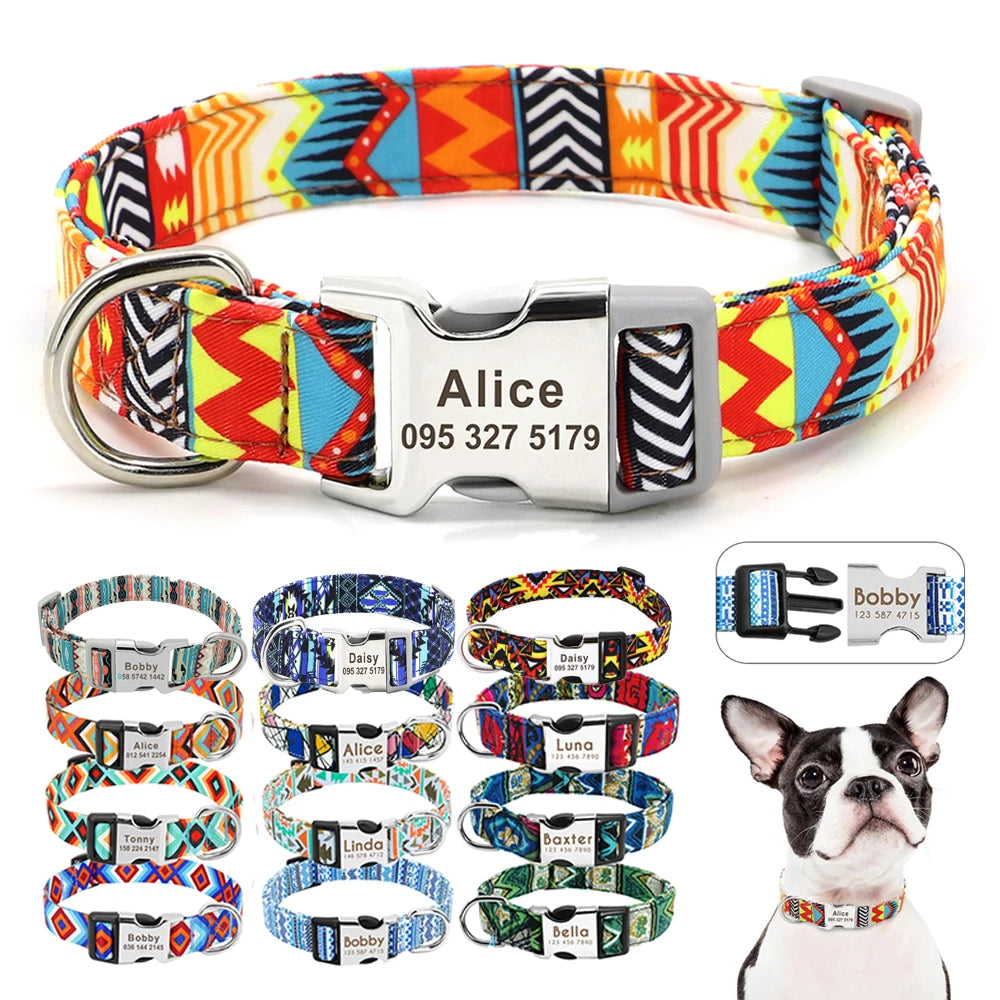 Montage présentant plusieurs colliers personnalisés pour chien avec motifs colorés et vue portée.