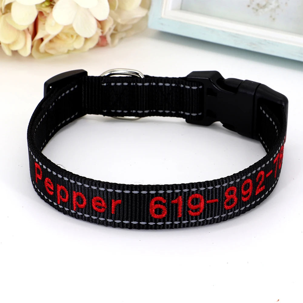 Collier pour chien en nylon noir avec prénom et numéro de téléphone brodés en rouge, boucle à clip plastique noire et anneau en D argenté, posé sur fond blanc.