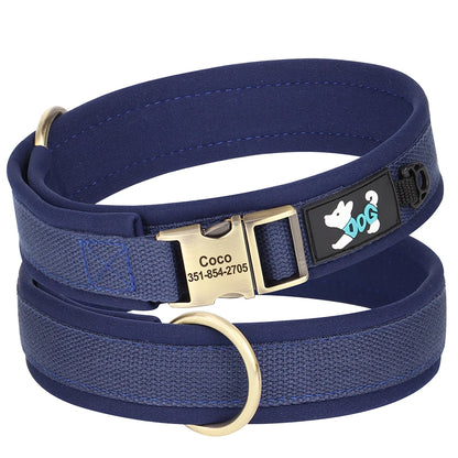 Collier personnalisé pour chien en nylon rembourré bleu avec plaque d’identification gravée Coco sur fond blanc.