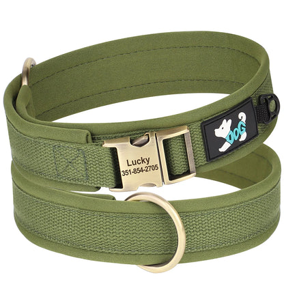 Collier personnalisé pour chien en nylon rembourré vert avec plaque d’identification gravée Lucky sur fond blanc.