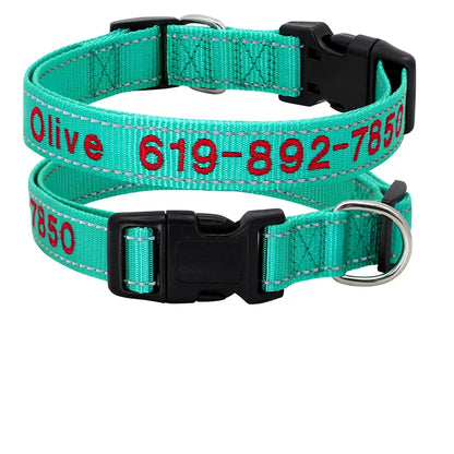 Collier pour chien en nylon turquoise personnalisé avec prénom et numéro de téléphone brodés en rouge, boucle plastique noire et bandes réfléchissantes, présenté en deux exemplaires avec tableau des tailles S à XL.