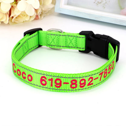 Collier pour chien en nylon vert fluo avec prénom et numéro de téléphone brodés en rouge, boucle à clip plastique noire et anneau en D argenté, posé sur fond blanc.