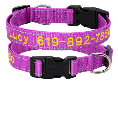 Collier pour chien en nylon violet clair personnalisé avec prénom et numéro de téléphone brodés en jaune, boucle plastique noire et bandes réfléchissantes, présenté en deux exemplaires avec tableau des tailles S à XL.