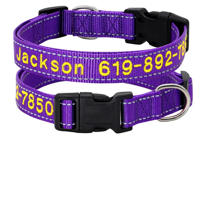 Collier pour chien en nylon violet personnalisé avec prénom et numéro de téléphone brodés en jaune, boucle plastique noire et bandes réfléchissantes, présenté en deux exemplaires avec tableau des tailles S à XL.