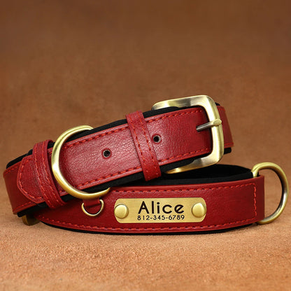 Collier pour chien personnalisé rouge présenté à plat avec plaque gravée.