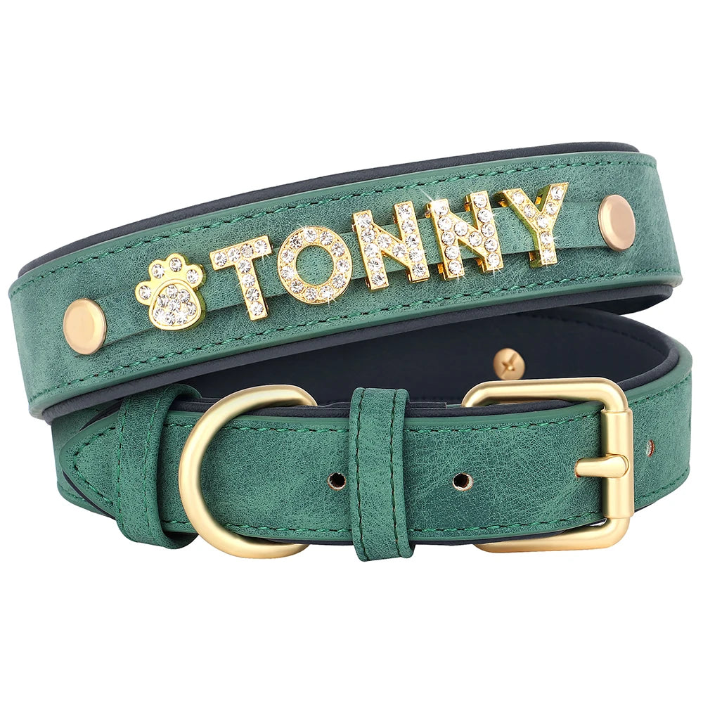 Collier personnalisé pour chien vert avec prénom Tonny et breloque patte.