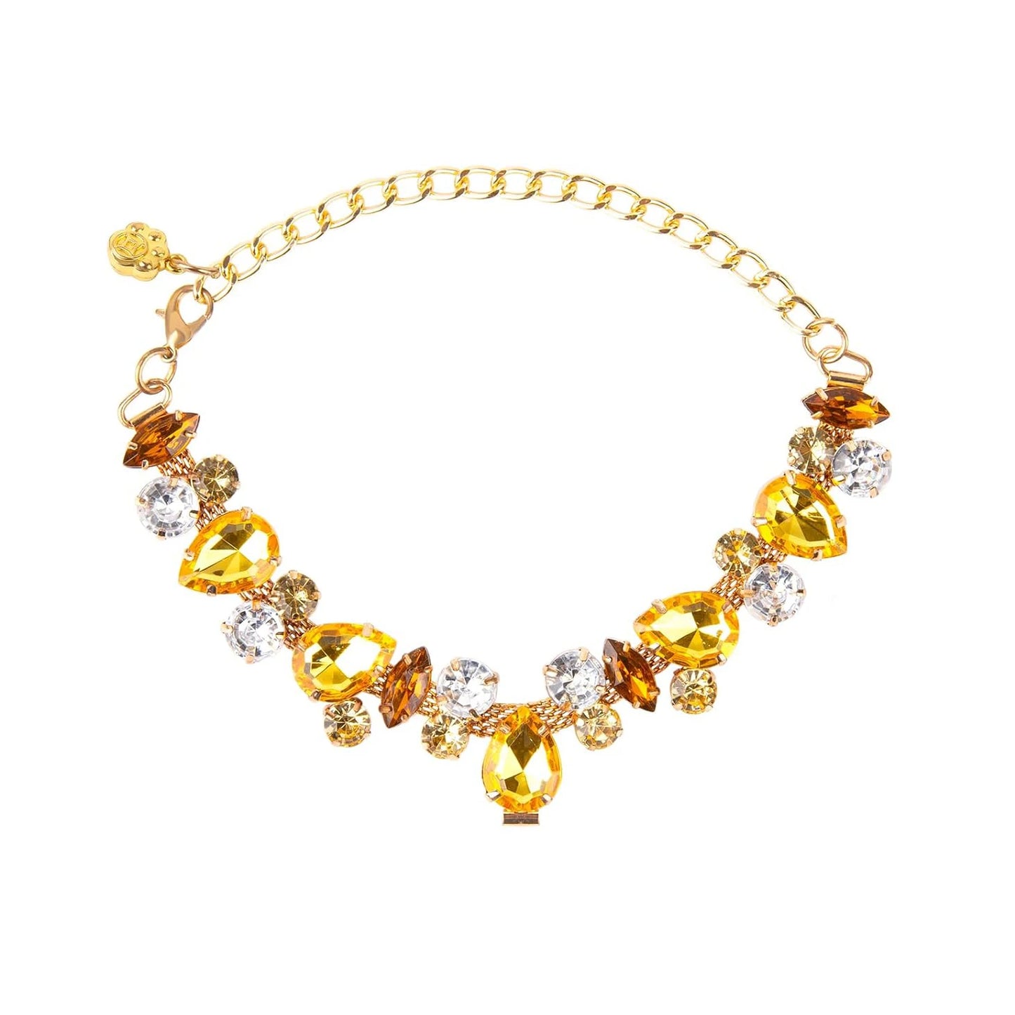 Collier décoratif pour chien orné de pierres jaunes en forme de goutte et de strass.