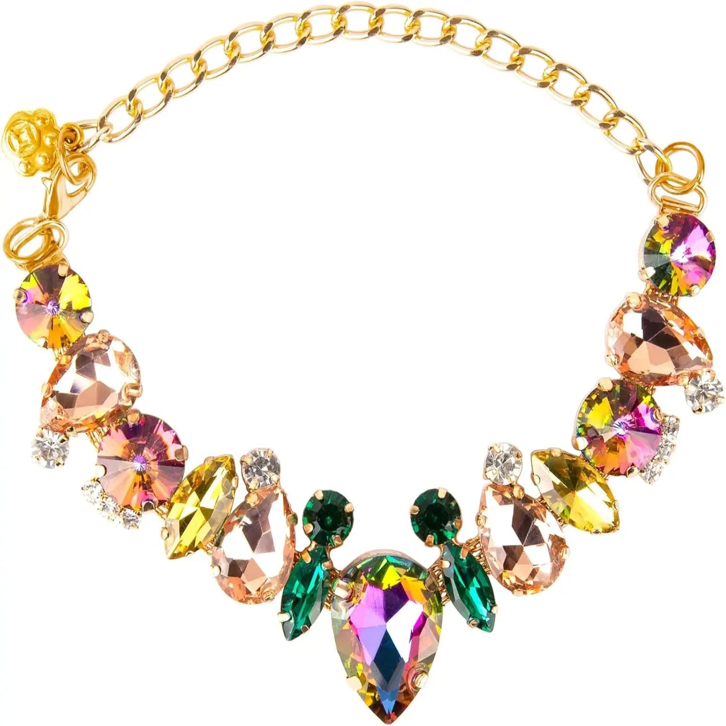 Collier bijou pour chien orné de pierres jaunes, vertes, roses et irisées.