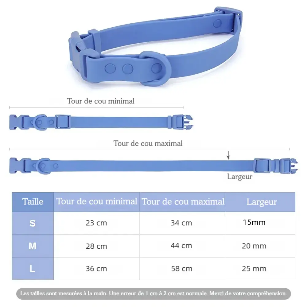 Guide des tailles du collier pour chien en PVC bleu pastel avec dimensions S, M et L.