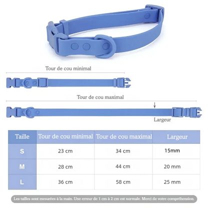 Guide des tailles du collier pour chien en PVC bleu pastel avec dimensions S, M et L.