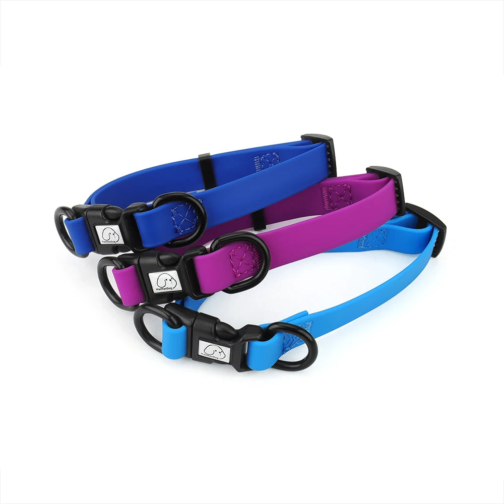 Ensemble de colliers pour chien souples et imperméables en bleu, violet et bleu clair.