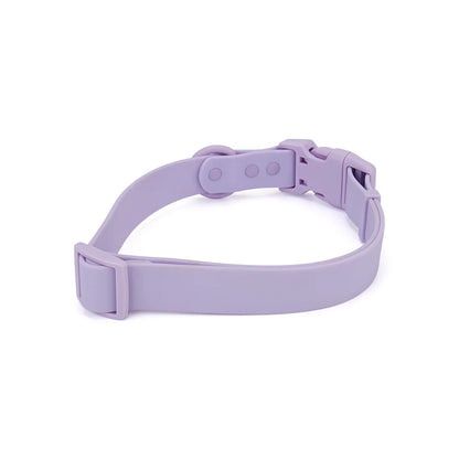 Vue arrière isolée d’un collier pour chien lavande pastel réglable.
