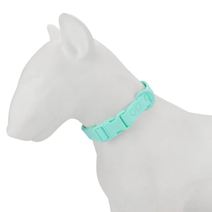 Collier pour chien en PVC menthe pastel porté sur un mannequin chien blanc.