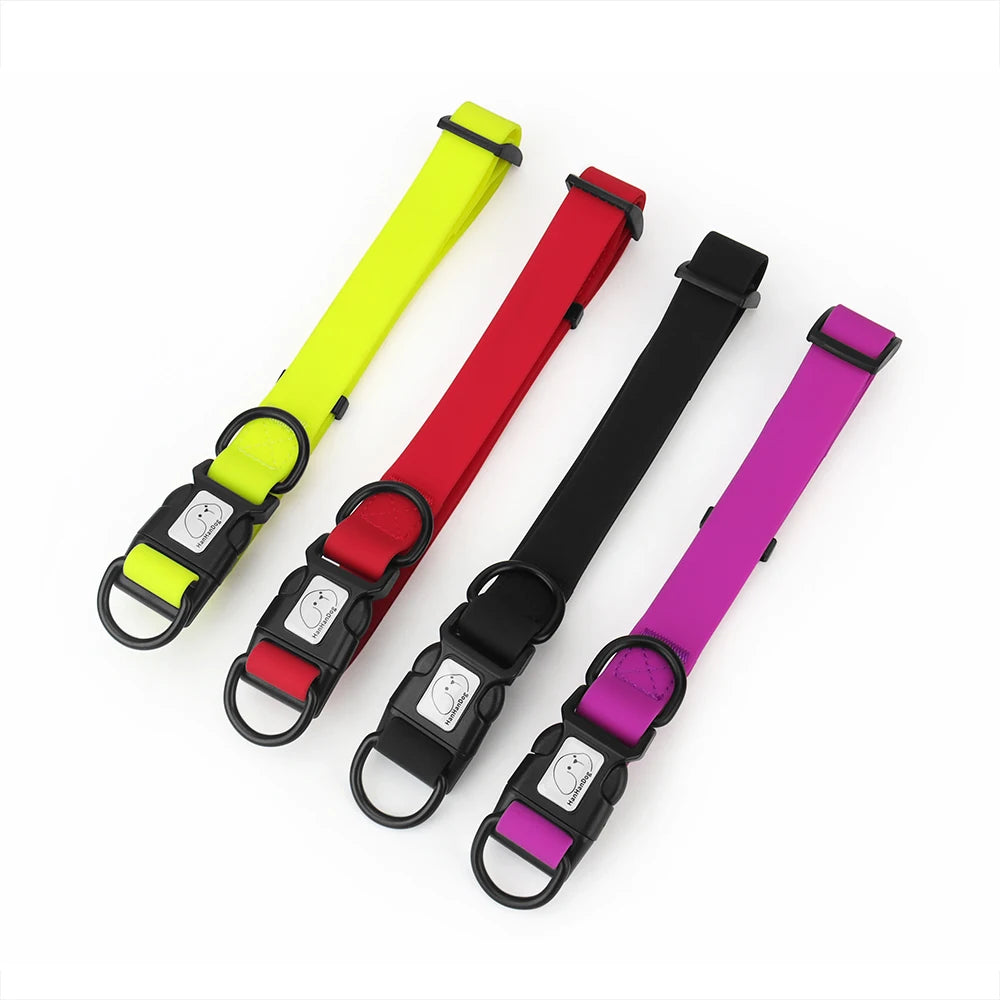 Sélection de quatre colliers pour chien en PVC imperméable présentés en jaune, rouge, noir et violet.