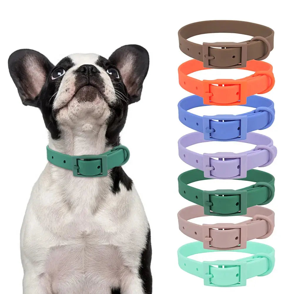 Vue portée d'un collier chien en PVC imitation silicone vert porté par un bouledogue français noir et blanc, avec à droite une gamme de sept coloris disponibles dont marron, orange, bleu, lilas, vert, taupe et menthe.