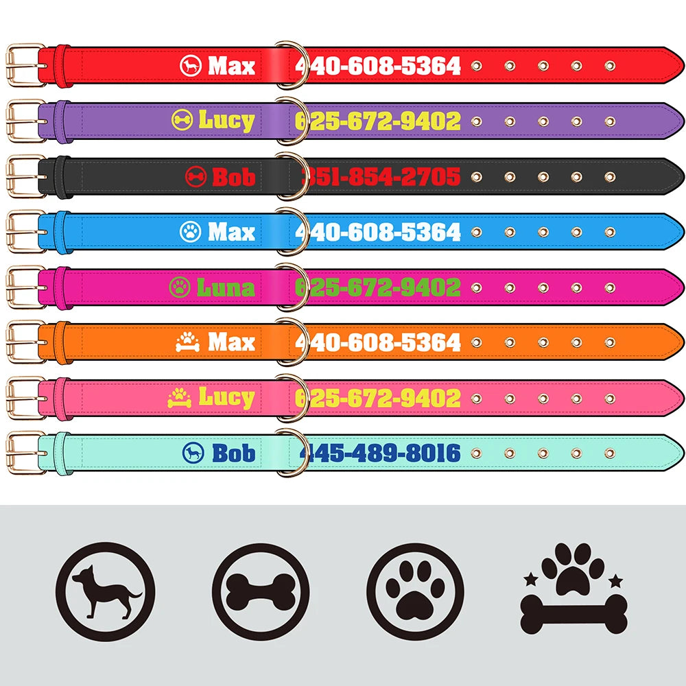 Présentation de plusieurs colliers pour chien rembourrés avec bande imprimée large en rouge, violet, noir, bleu, rose, orange et vert d’eau.