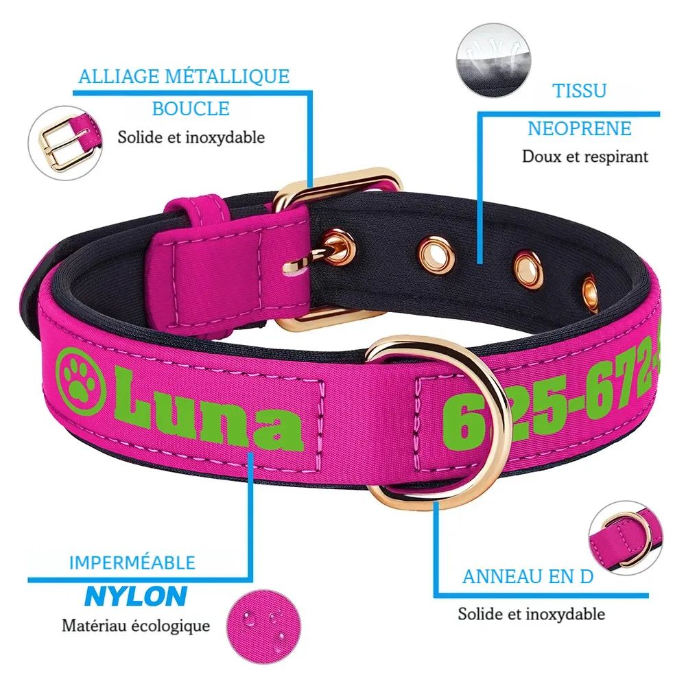 Vue détaillée d’un collier pour chien imprimé rose avec boucle en métal, tissu respirant, nylon imperméable et anneau en D.