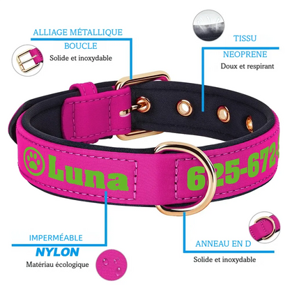 Vue détaillée d’un collier pour chien imprimé rose avec boucle en métal, tissu respirant, nylon imperméable et anneau en D.