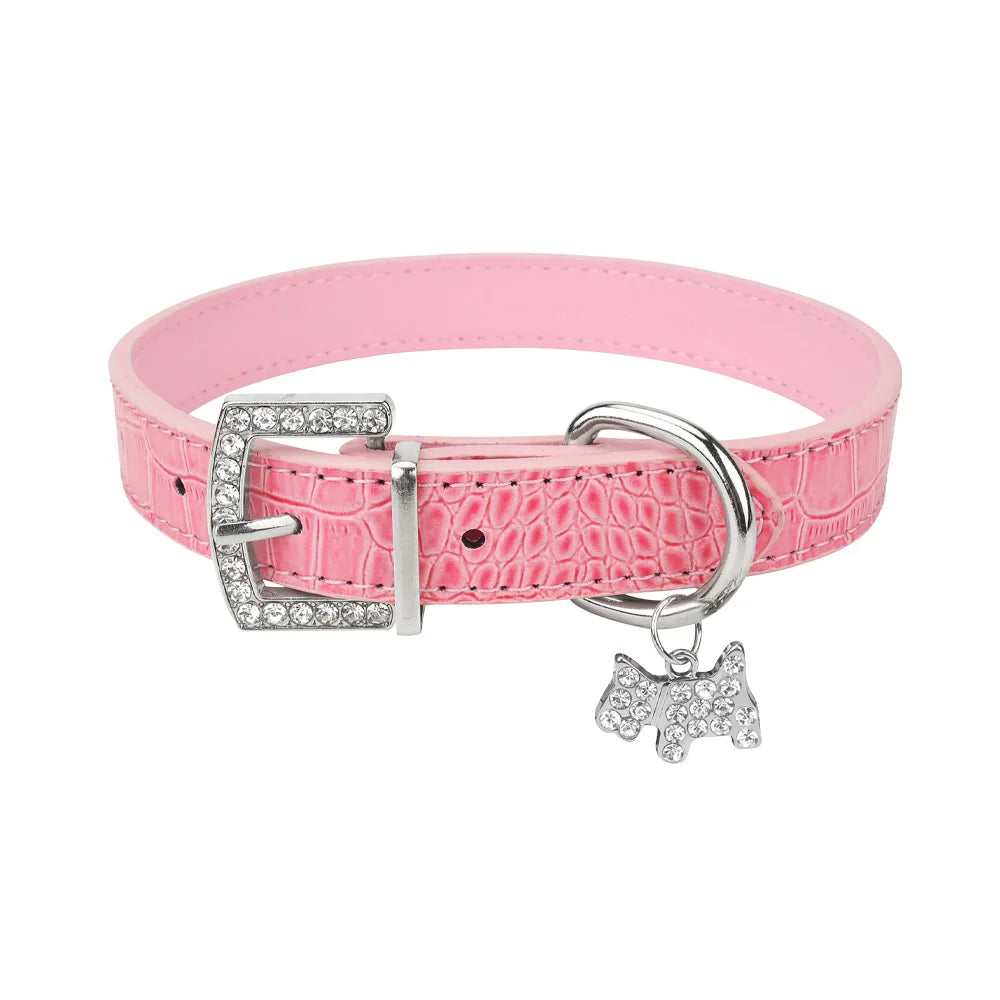 Collier élégant pour chien en cuir PU rose avec pendentif chiot en strass.