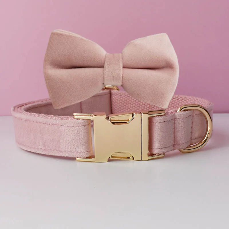 Collier rose pâle pour chien en velours avec nœud papillon assorti.