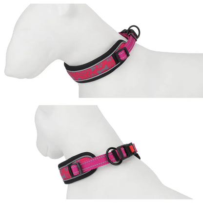 Deux vues du collier rose à motifs pattes porté sur mannequin blanc de chien.