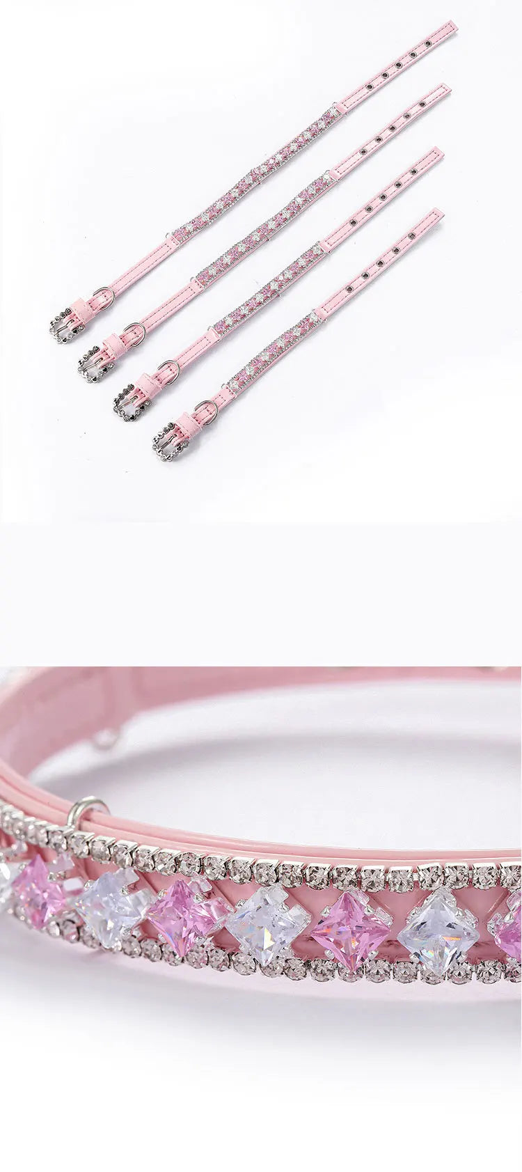 Quatre colliers roses pour chien alignés avec un gros plan sur les strass roses et transparents.