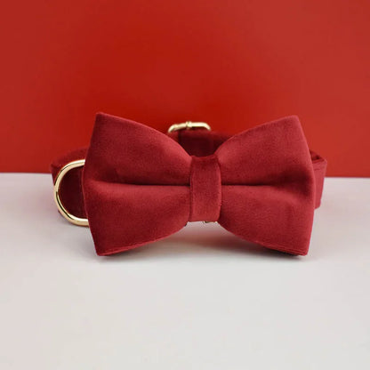 Collier rouge pour chien en velours avec nœud papillon assorti.