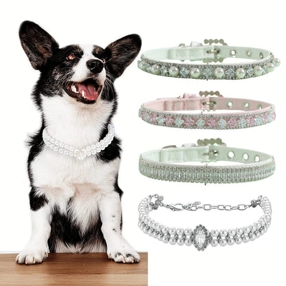 Chien noir et blanc portant un collier à perles, avec plusieurs modèles de colliers style princesse à droite.