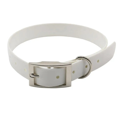 Collier pour chien en TPU imperméable blanc avec boucle en métal sur fond blanc.