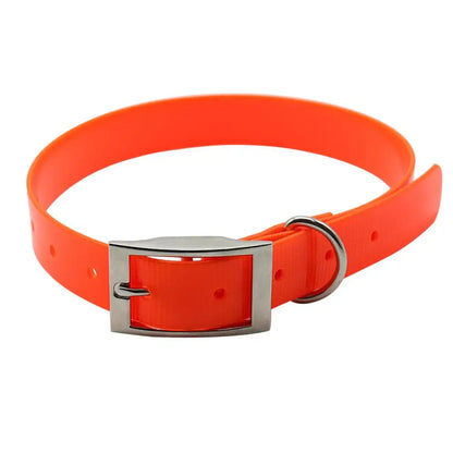 Collier pour chien en TPU imperméable orange avec boucle en métal sur fond blanc.