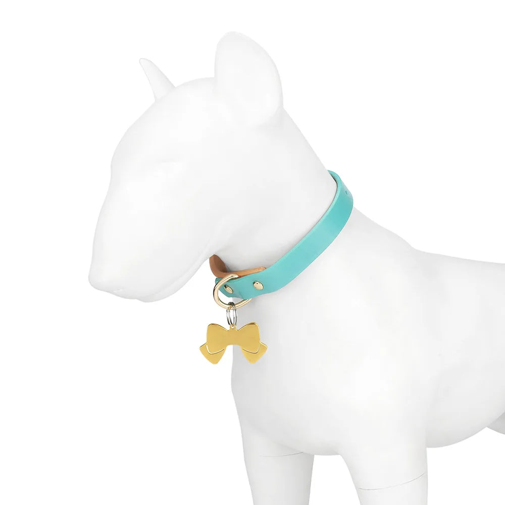 Chien mannequin blanc portant un collier turquoise avec pendentif nœud papillon doré.