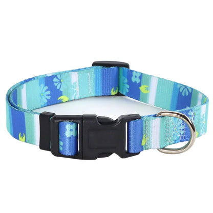 Collier pour chien en nylon turquoise avec rayures bleues, vertes et blanches et motifs pattes et fleurs et mousqueton métal sur fond clair.