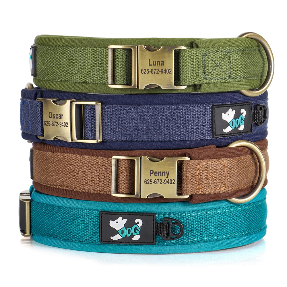 Plusieurs colliers personnalisés pour chien empilés avec différents coloris et plaques gravées.