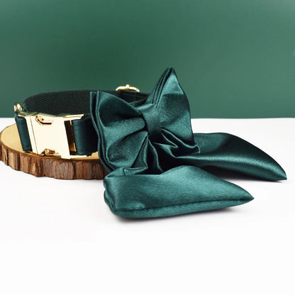 Collier vert foncé pour chien avec grand nœud détachable et anneau métal doré présenté sur un support en bois.