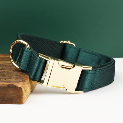 Collier vert foncé pour chien avec boucle métal dorée gravée présenté sur un support en bois.