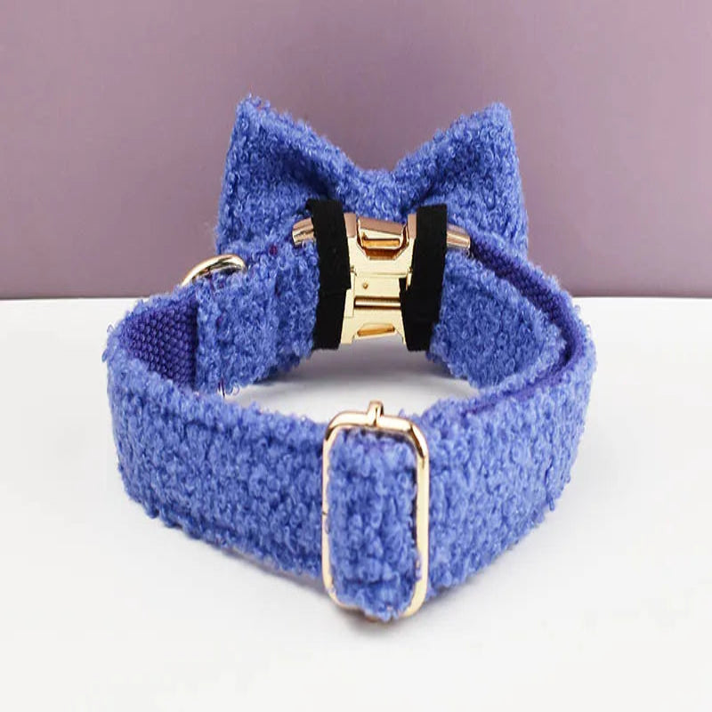 Vue arrière du collier chien bouclette bleu avec boucle métal dorée présenté devant un fond violet et blanc.